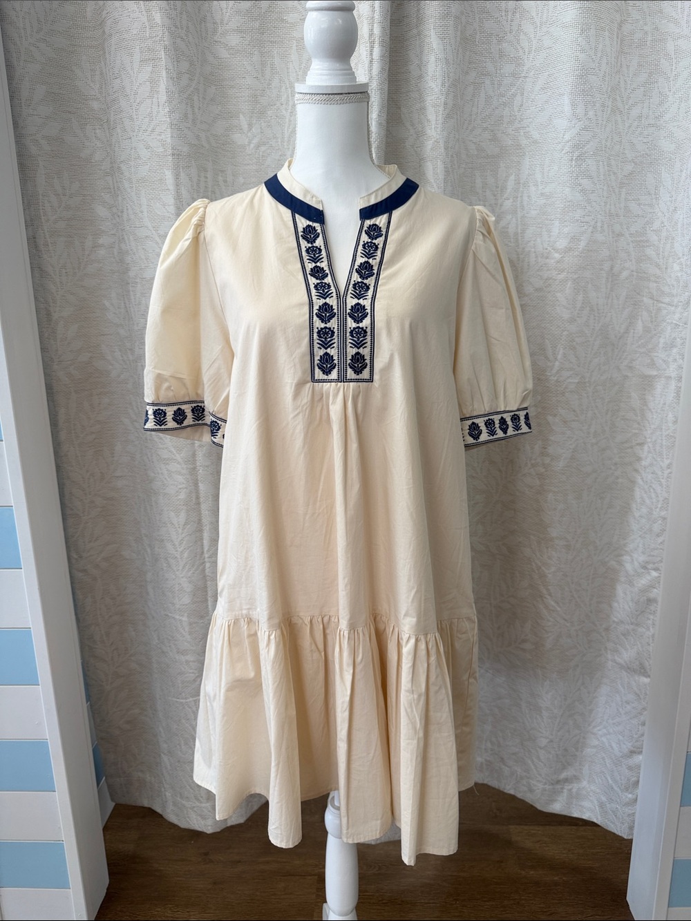 She + Sky Cream Mini Dress with Navy Embroidery